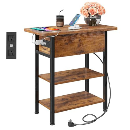WLIVE 3-Tier End Table with Charging Station Flip Top Narrow Nightstand | 2 USB Ports+2 AC Outlets; Flip Top Hidden Storage; 2 Open Shelves; Small Space Living Room Bedroom; Sturdy Carbon Steel Frame - color: Rustic Brown