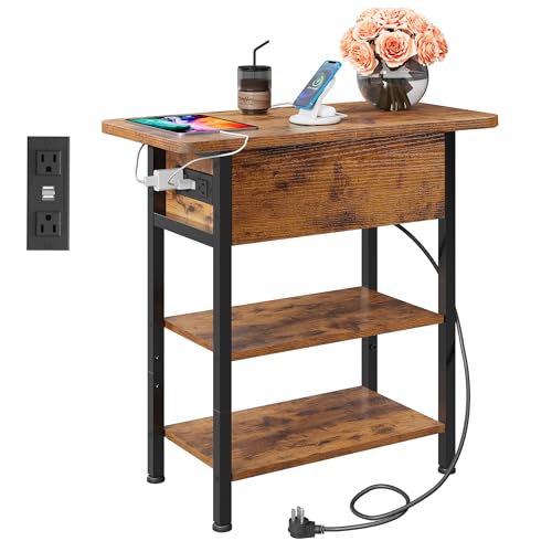 WLIVE 3-Tier End Table with Charging Station Flip Top Narrow Nightstand | 2 USB Ports+2 AC Outlets; Flip Top Hidden Storage; 2 Open Shelves; Small Space Living Room Bedroom; Sturdy Carbon Steel Frame - color: Rustic Brown