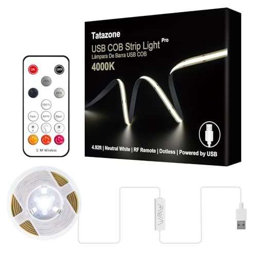 Tatazone 5V USB COB Led Strip Light with RF Remote | 4.92ft, 3000K, CRI93+, Long Cable, Dimmable for Cabinet, TV, Shelf, Monitor, Showcase, Motorhome