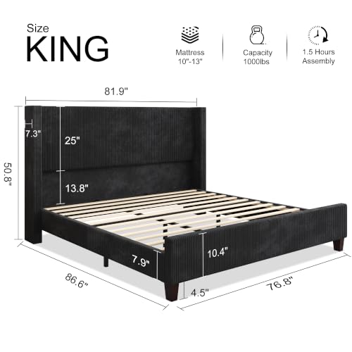 King Size Bed Frame with 50.8 Inch Corduroy Wingback Headboard, Black | Modern Upholstered Platform Bed, Solid Wood Slats, No Box Spring Needed, Noise-Reducing Design - color: Black, size: King