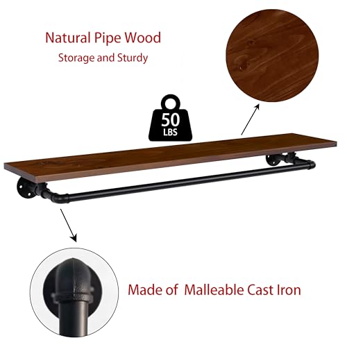 Clothes Rack 42in, Wall Mounted Garment Rack with Real Walnut Wood Shelf, Heavy Duty Hanging Clothes Rack, Multi-Purpose Hanging Rod, Space-Saving Closet Storage - color: Walnut, size: 1T42IN