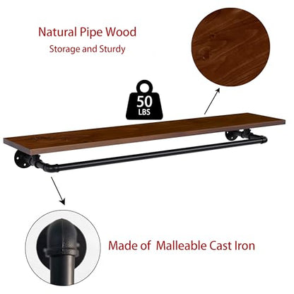 Clothes Rack 36in, Wall Mounted Garment Rack with Real Walnut Wood Shelf, Heavy Duty Hanging Clothes shelf, Multi-Purpose Hanging Rod, Space-Saving Closet Storage (Walnut, 1T36IN) - color: Walnut, size: 1T36IN