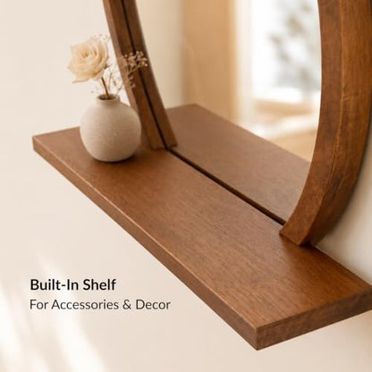 24" Round Wall Mirror with Shelf, Solid Wood Frame