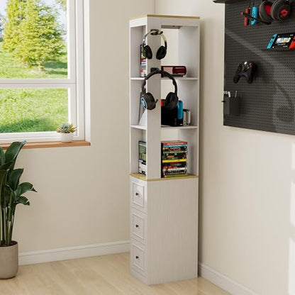 RASOO 73.03" CD Storage Tower, White Tall Narrow Bookcase Bathroom Storage Cabinet Media Tower Rack Multi-Functional Skinny Display Bookshelf with Drawers and Headphone Hook - size: RY0038