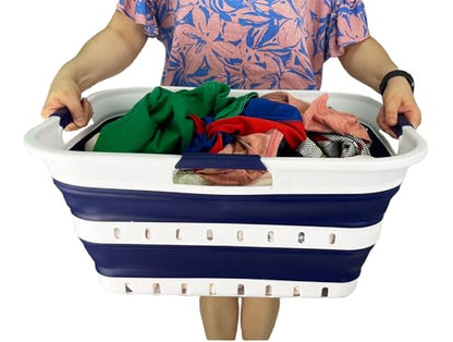 SAMMART 42L (11 gallon) Collapsible Plastic Laundry Basket - Foldable Pop Up Storage Container/Organizer - Space Saving Hamper/Basket (1, White/Starry Blue) - color: White/Starry Blue