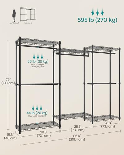 SONGMICS Heavy-Duty Clothes Rack, Garment Rack, Portable Closet, 86.4-Inch Wide Clothing Rack with Adjustable Mesh Shelves and Hanging Rails, Ink Black ULGR434B01 - color: Ink Black, size: 86.4"L x 76"H, style: Without Fabric Cover