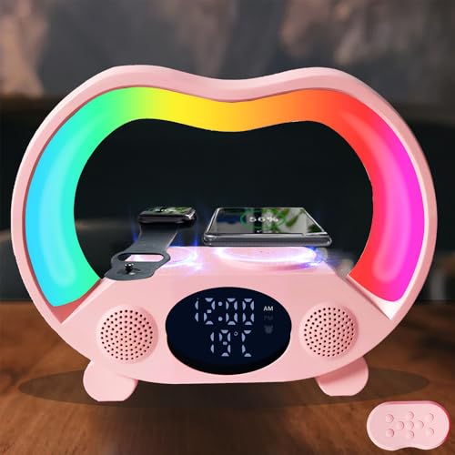 IHAO 6in1 Wireless Charging Station with Bluetooth Speaker Time&Temperature Display Alarm Clock 7-Color LED Night Lights Fast Charger for Phone, Apple Watch, Earbuds Remote Control Auto Shutoff-Black - color: 6in1 Wireless Charger Alarm Clock ZS932 Black