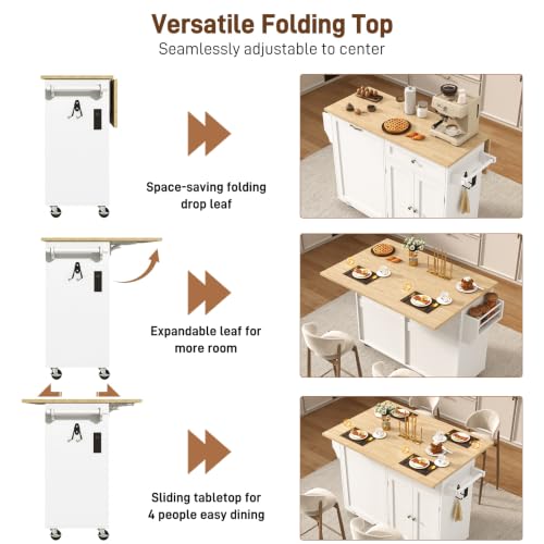 chartustriable 51" Kitchen Island with Drop Leaf,Kitchen Island Cart W/Rolling Trash Cabinet,Folding Drop Leaf,2 Drawers,Movable Carts on Wheels with Spice Rack&Towel Rack for Home, Dining Room,White - color: White, size: 29.5"D x 51.2"W x 35.8"H