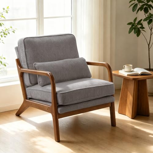 Karl home Mid-Century Modern Accent Reading Chair, Grey | Corduroy Upholstered, Solid Wood Frame, Soft Cushion, Lumbar Pillow, Lounge Armchair for Living Room, Bedroom, Balcony, Study - color: Corduroy Gray