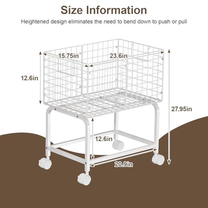 Laundry Basket with Wheels,80L Wire Rolling Laundry Basket with Pull Handle,White High Laundry Cart for Laundry Room,Bathroom,Bedroom-White(23.6 * 15.75 * 28inch) - style: Medium Oblong-White