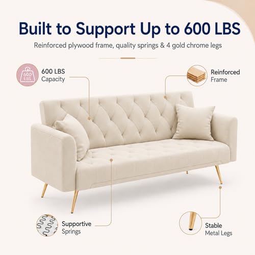 Majnesvon 71" Convertible Folding Sleeper Sofa Couch,Modern Velvet Loveseat Sleeper with 2 Pillows, Futon Sofa Bed with Mattress and Frame for Living Room,Bedroom,Small Space (Beige) - color: Beige