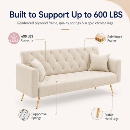 Majnesvon 71" Convertible Folding Sleeper Sofa Couch,Modern Velvet Loveseat Sleeper with 2 Pillows, Futon Sofa Bed with Mattress and Frame for Living Room,Bedroom,Small Space (Beige) - color: Beige