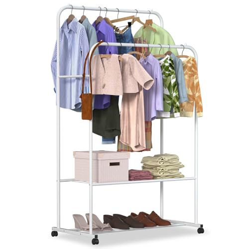 Double Rod Garment Rack with Wheels, Heavy Duty Clothing Racks for Hanging Clothes, Multi-functional Rolling Clothes Organizer, Portable Clothes Rack - size: 19.7"D x 31.3"W x 62.6"H