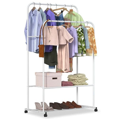 Double Rod Garment Rack with Wheels, Heavy Duty Clothing Racks for Hanging Clothes, Multi-functional Rolling Clothes Organizer, Portable Clothes Rack - size: 19.7"D x 31.3"W x 62.6"H
