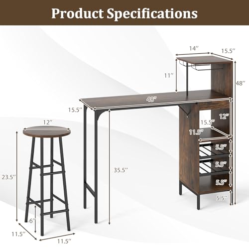 GOFLAME Bar Table Set for 2, Counter Height Dining Table Set with Shelves, Cup Holder & Wine Rack, Breakfast Table & Stools Set, 3-Piece Pub Table Set for Kitchen, Dining Room, Rustic Brown - color: Rustic Brown