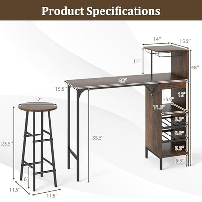 GOFLAME Bar Table Set for 2, Counter Height Dining Table Set with Shelves, Cup Holder & Wine Rack, Breakfast Table & Stools Set, 3-Piece Pub Table Set for Kitchen, Dining Room, Rustic Brown - color: Rustic Brown