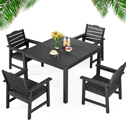 5-Piece Patio Dining Set, Outdoor Dining Square Table w/Aluminum Frame and 4 Chairs, Weatherproof HIPS Dining Furniture with Umbrella Hole, for Backyard Garden Deck Poolside, Black - size: 5pcs square set