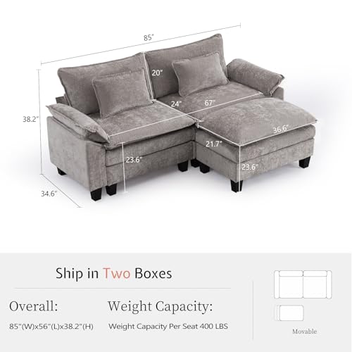 85" Modular Sectional Sofa with Storage, L-Shaped Comfy Cloud Couch | Deep Seat, Moveable Ottoman, Throw Pillows, Sofa Sleeper, Cloud Comfort Couches for Living Room Bedroom, Chenille Grey - color: Grey, size: 85" - 3 Seat L