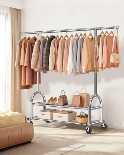 Heavy Duty Clothes Rack for Hanging Clothes Load 556 LBS, Height Adjustable Rolling Clothing Racks, Portable Metal Coat Rack Garment Wardrobe with Wheels and Shelves for Bedroom Laundry, Silver - color: Silver, style: 2 Shelves
