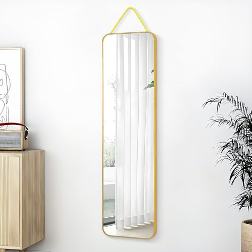 SCWF-GZ 47x14 Full Length Mirror Over the Door,Wall Mounted/Rope Hang Gold | HD Crystal Clear Tempered Glass,Aluminum Frame Rect Full Body Dressing Mirrors for Bedroom,Bathroom, Entryway,Living Room - color: Gold, size: 47"L x 14"W