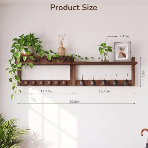 Wooden Key Holder Wall Mount with Shelf, Wall Key Rack and Mail Holder with 9 Key Hooks and 6 Sunglasses Holders, Farmhouse Key Hanger for Entryway Living Room Bedroom, Rustic Brown - color: Rustic Brown