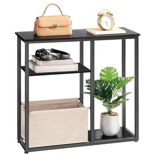 HOOBRO Narrow Console Table with Storage Basket, 29.5" Small Entryway Table with 3-Tier Storage Shelves, Behind Couch Sofa Table, Hallway Table for Living Room, Black and Beige BB60XG01