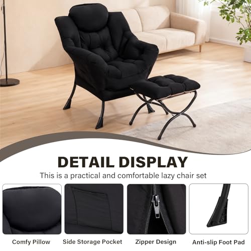 Modern Lazy Chair with Ottoman Lounge Accent Reading Chair for Living Room | Foldable Footstool,Removable Cover,Soft Padded Seat & Backrest,Upholstered Comfy Chair for Bedroom,Dorm,Office,Small Space - color: Black