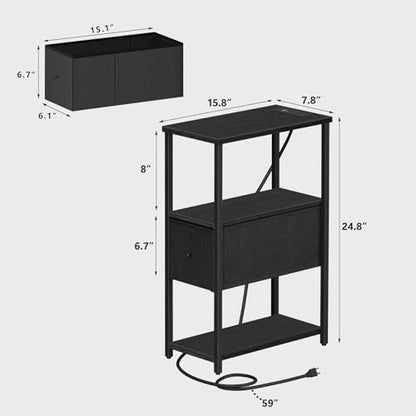 TUTOTAK Small Narrow End Table with Charging Station, Set of 2 | Side Table with Outlets, Nightstand with Cloth Drawer, Couch Table for Living Room, Bedroom, Bedside, Black TB01BK058 - color: Black, style: 1 Drawer & Plug