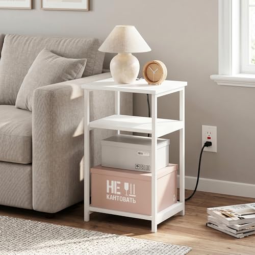 3-Tier Metal Frame End Table, Bedside Table with Charging Station, Night Stand with USB and Type-C Charging Port, Side Table, for Bedroom, Living Room, White