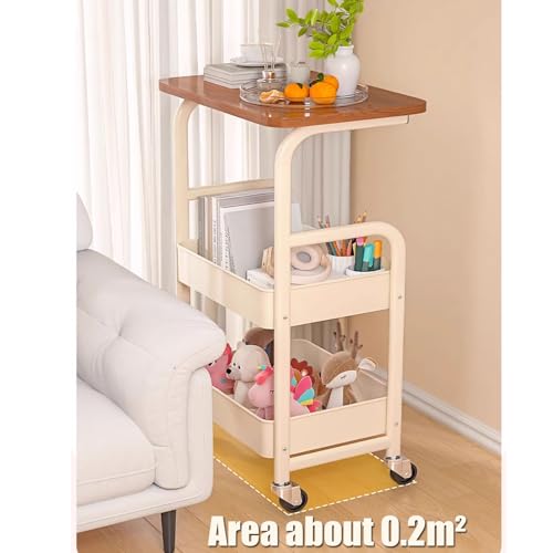 3-Tier Rolling Utility Cart with Drawers, Solid Wood Tabletop Metal Storage Cart, 360° Swivel Wheels & 2 Lockable Casters, Lightweight Mobile Organizer Trolley for Kitchen Living Room Bathroom - color: White.b