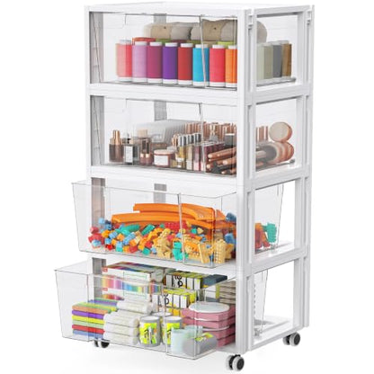 Stackable Storage Drawer Carts, Extra Large Bins 4 Tier 4 Drawers | Smooth Pull-Out Drawers, Clear Plastic Storage Organizer Container For Home Office Bedroom Bathroom Art Crafts Under Desk - size: 4 Tier 4 Drawer