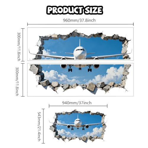 3D Breaking Airplane Wall Decals, Wall Stickers Decor | 2 Sheets 11.8"x37.8" Vinyl Removable Peel and Stick Murals, Plant Decor for Bedroom, Bathroom, Office, Classroom & Home - style: 3D Breaking Airplane