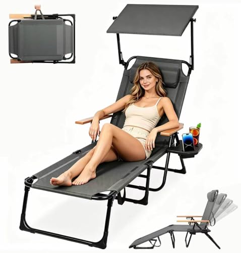Beach Lounge Chair with Sun Shade, Folding Outdoor Chaise Lounge Chair with Arms, 4-Position Backrest, Extended Sun Tanning Chair Pillow & Cup Holder, Patio Lounger for Outside for Beach Pool(Gray-U) - color: Gray-u
