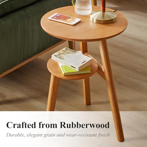 Side Table, 2-Tier Round End Tables Living Room, Mid Century Modern Side Table, Round Nightstand, Oak Accent Table, Small Round Coffee Table, 16.54" Dia.x 23.62" H(Natural) - color: Natural