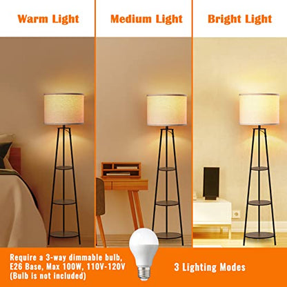RISLG Floor Lamp, 3-Tier Round Corner Shelf Floor Lamp with 3 Dimmable Levels - Simple Standing Lamp with White Fabric Shade, Tall Modern Floor Lamps with Shelves for Bedroom, Living Room and Office