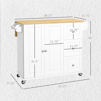 HOMCOM Drop Leaf Kitchen Island on Wheels, Rolling Kitchen Cart with Cabinet, 3 Drawers, Wooden Top, Towel Rack and Spice Rack, White