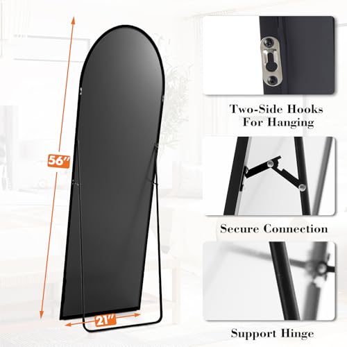 Sweetcrispy 56"x21" Arched Full Length Mirror, Full Body Mirror, Black | Aluminum Alloy Thin Frame, Floor or Standing, Suitable for Bedroom, Living Room, Cloakroom - color: Black-arched, size: 56"L x 21"W