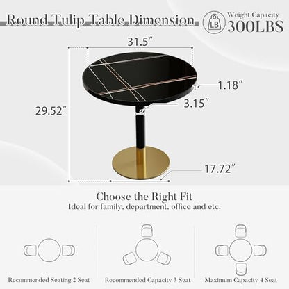 31.5'' Tulip Table, Round Dining Table with Sintered Stone Tabletop | Black Aluminum Alloy Edge & Gold Pedestal, Bistro Table for Dining Room/Café/Small Spaces/Restaurant (Black Gold Vein) - color: Black Gold Vein (Black Edge), size: Round
