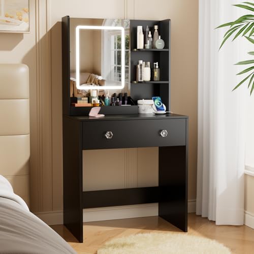 Korfile 24" Black Small Vanity Desk with Lighted Mirror & Power Outlet | Smart LED Mirror with 3 Color Modes,5 Storage Shelves & 2 Drawers,Power Outlet,Fits small spaces - color: Black