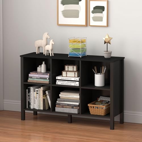 6-Cube Bookcase, Farmhouse Wooden Bookshelf Low Storage Organizer, 45" Horizontal Black Console with Legs, Hallway Book Case for Entryway, Display Cabinet for Living Room (Black, 6-Cube) - color: Black, size: 6-Cube