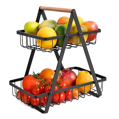 mahueeol 2-Tier Metal Fruit Basket for Kitchen Counter with Wooden Handle | Detachable rectangular baskets hold fruits, vegetables, bread and snacks; use stacked or separately in kitchens and pantries - color: Black