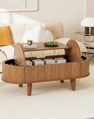 Fluted Oval Lift Top Coffee Table with Storage, 47" Wood Mid Century Modern Coffee Table for Living Room, Walnut - color: Walnut-oval (Flip Top)