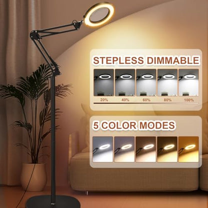 LANCOSC 15X Magnifying Glass with Light and Stand, Real Glass Lens, 5 Color Modes Dimmable, 3-in-1 Adjustable Swing Floor Lamp, LED Lighted Hands Free Magnifier & Clamp for Reading, Crafts, Painting - color: Black