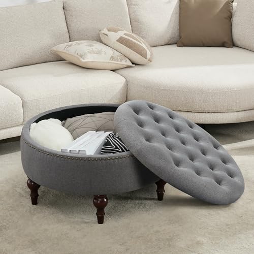 Round Storage Ottoman, Tufted Fabric Coffee Table Footrest, Grey | Upholstered Linen Ottoman Coffee Table, Large Footrest With Solid Wooden Legs, Side Table for Living Room Bedroom Office - color: Dark Grey