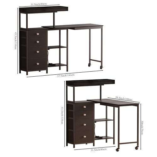 L-Shaped Manicure Table with Power Outlets,Nail Desk for Nail tech | Rotating Nail Workstation on Wheels with Charging Station,Nail Table with drawers & shelves for Home,Makeup Beauty Salon - color: Black