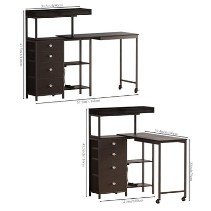 L-Shaped Manicure Table with Power Outlets,Nail Desk for Nail tech | Rotating Nail Workstation on Wheels with Charging Station,Nail Table with drawers & shelves for Home,Makeup Beauty Salon - color: Black