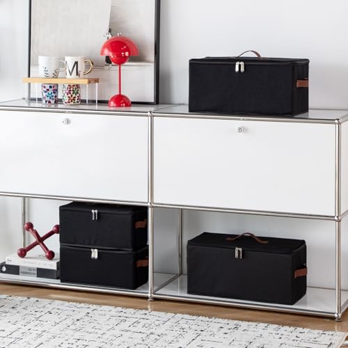Storage Bins DVD Boxes CD Case Holder Basket with Zippered Lids | Cotton Linen Fabric Container, Decorative Foldable Stackable Washable Shelf Closet Organizer, PU Leather Handles, Black-Small - size: Small ( Pack of 1 )