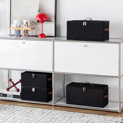 Storage Bins DVD Boxes CD Case Holder Basket with Zippered Lids | Cotton Linen Fabric Container, Decorative Foldable Stackable Washable Shelf Closet Organizer, PU Leather Handles, Black-Small - size: Small ( Pack of 1 )