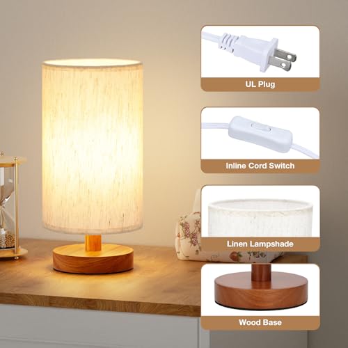 Small Table Lamps (Cream Shade - Walnut Base, 9" Inline Control) | 3000K LED Blub Included | 680 Lumens | Easy Assembly | Minimalist Design | E26 | for Kitchen | for Kids Room - color: Cream Shade - Walnut Base