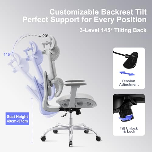 Ergonomic Office Chair with 3D Headrest, Computer Chair with Adjustable Backrest & 3D Armrest, Gaming Chair with Adaptive Lumbar Support, Mesh Backrest & Cushion, Grey - color: Grey, style: Eco